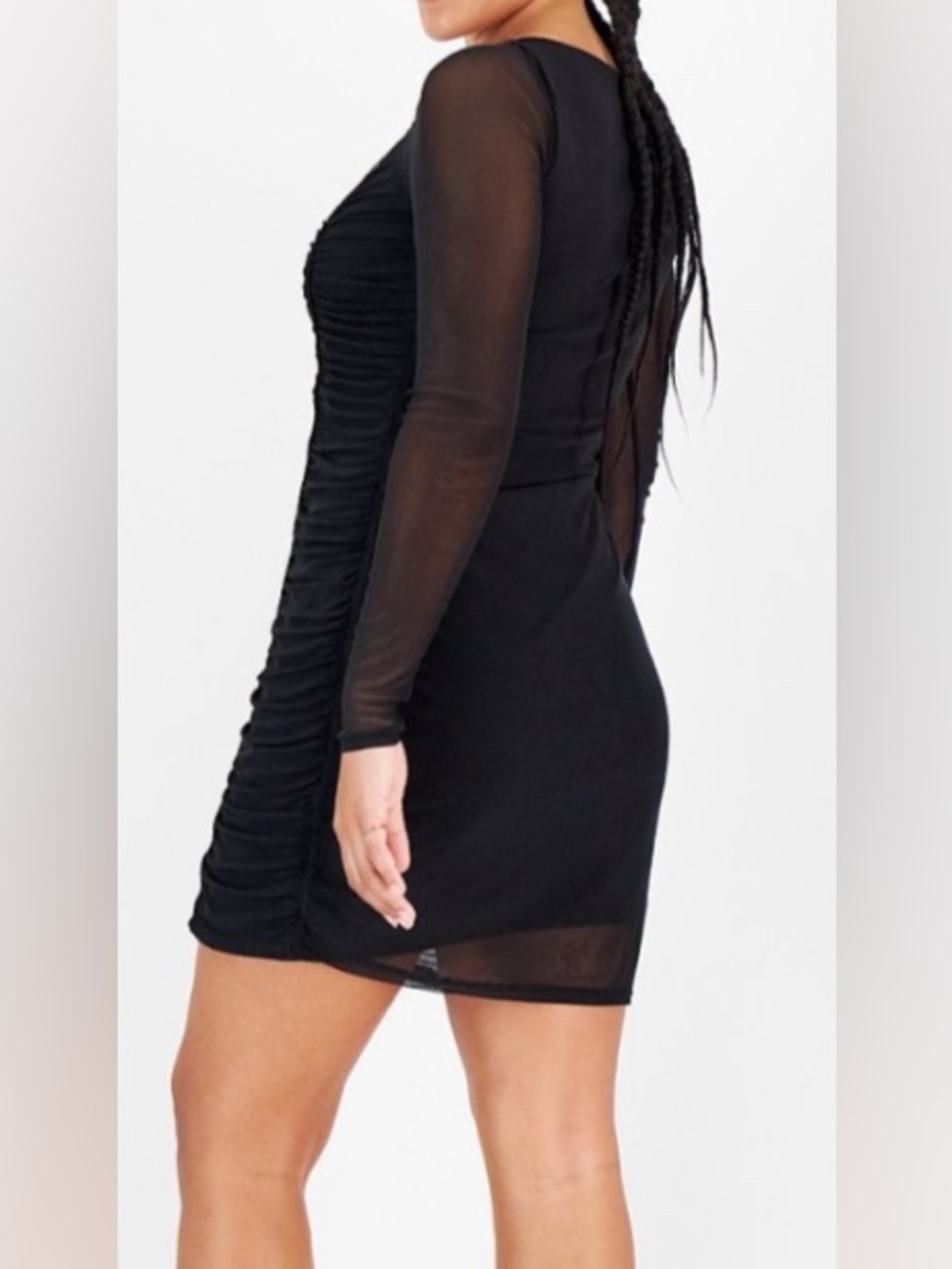 Bar III - New - Black Ruched Mesh Long Sleeve Mini Dress - Picture 2 of 9